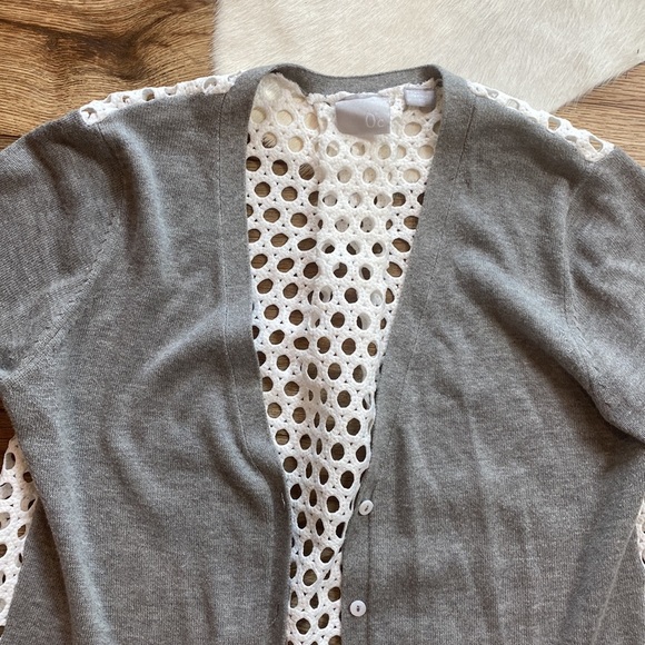 gray cardigan sweater with a white, eyelet-patterned fabric lining the back - Picture 3 of 6